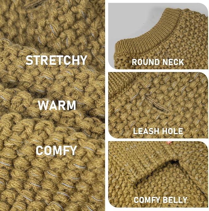 KYEESE Dog Sweater with Leash Hole Warm Pullover with Reflective Yarn for Small and Medium Dogs Male Soft Knit Pullover Boy Dog Coats Cozy Lightweight Thick Sweater,Brown,Large