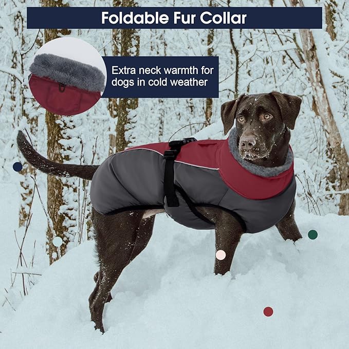 IECOii Dog Coats for Large Dogs Winter Waterproof, XXXL Dog Jacket with Adjustable Buckle,Thick Turtleneck Snow Jacket for Cold Weather, Pet Warm Fleece Vest for Doberman, Great Dane, Burgundy, 3XL