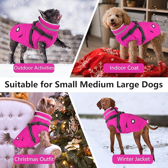 Dogcheer Dog Coat with Harness, Waterproof Dog Jacket Christmas Pet Winter Coat with Pockets, Reflective Doggy Turtleneck Fleece Jacket for Small Medium Large Dogs - Pink, 2XL