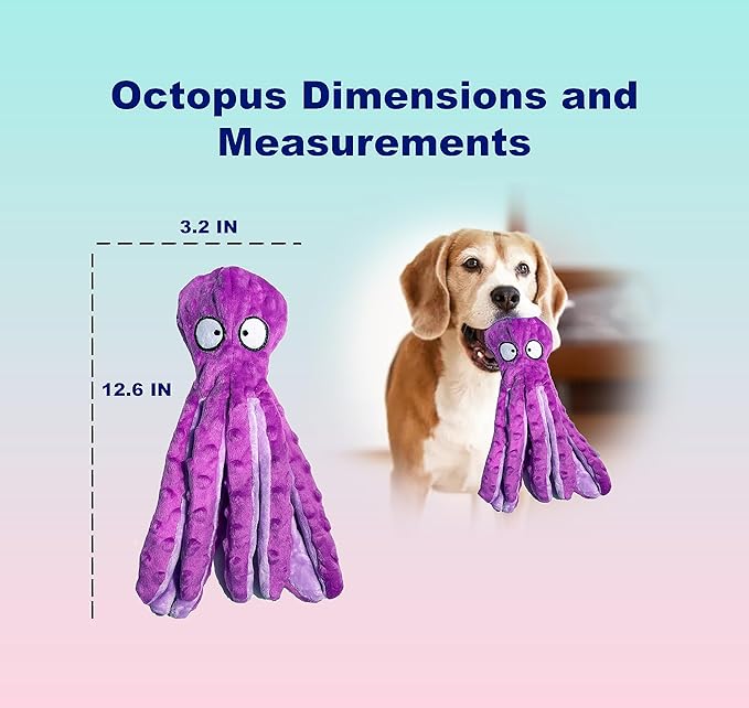 Squeaky Dog Toys for Small, Medium and Large Breeds - Durable and Soft Crinkle Plush Puppy Toys for Boredom (Purple Octopus 1PC)