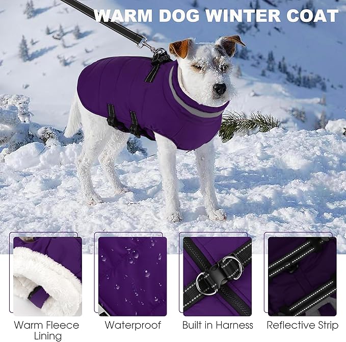 Large Dog Coat with Harness Built-in, Waterproof Reflective Fleece Lined - Warm Windproof Winter Jacket with Back Zipper, Cold Weather Snow Dog Coats - Purple - XL