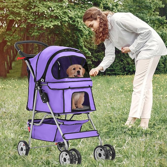 FDW Pet Stroller 4-Wheel Dog Cat Stroller Travel Folding Carrier Puppy Stroller with Cup Holder and Removable Liner for Small Medium Dogs Cats, Purple