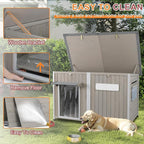 Outdoor Dog House Weatherproof, Wooden Puppy Shelter with Anti-Chewing Iron Frame and Elevated Floor, Sturdy Dog Kennel for Small, Medium & Large Dogs (Gray, 51" L x 29" W x 32" H)