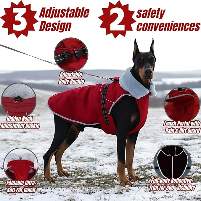 Insulated Relaxed Fit Dog Winter Jacket with Full-Body Reflective Strip, Hard Shell Pet Coat for Outdoor, Waterproof & Adjustable Coats for Large Dogs, Soft Fur Collar Clothes for Beagle(Wine, XL)