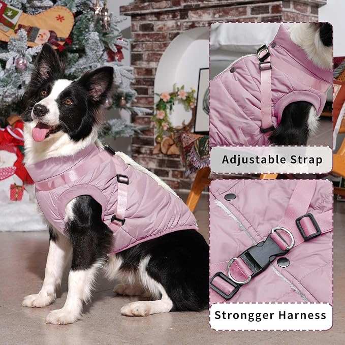 Dog Jacket with Harness,Fleece Lined Warm Puppy Coat for Winter,Soft Windproof Small Dog Vest,Light Pink XS