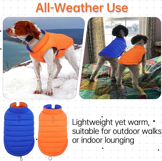 Lelepet Reversible Dog Coat Waterproof Dog Jacket Windproof Puffer Vest for Winter Warm Lightweight Coats for Large Dogs Adjustbale Hook & Loop Pet Apparel with Leash Hole, Pitbull, Orange, XL