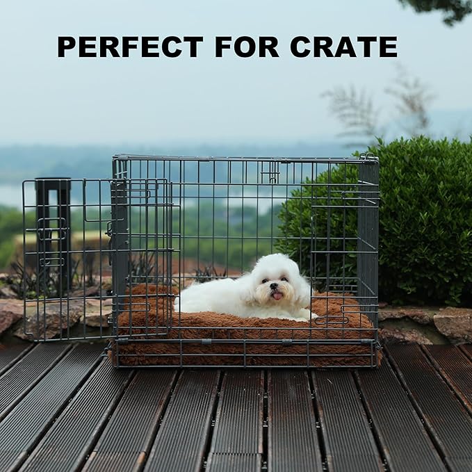 Bedfolks Waterproof Crate Bed, Plush Pad With Removable Cover, Faux Fur for Small Dogs and Cats, Fluffy Washable Kennel Bed 17"x12", Solid Brown