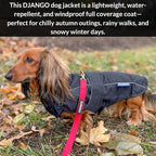 DJANGO Dog Jacket & Raincoat – Lightweight Water-Resistant Coat for Small, Medium & Long Dogs Like Dachshunds – Reflective, Adjustable Fit, Harness-Compatible & Easy-Access Harness Hole - Black, Small