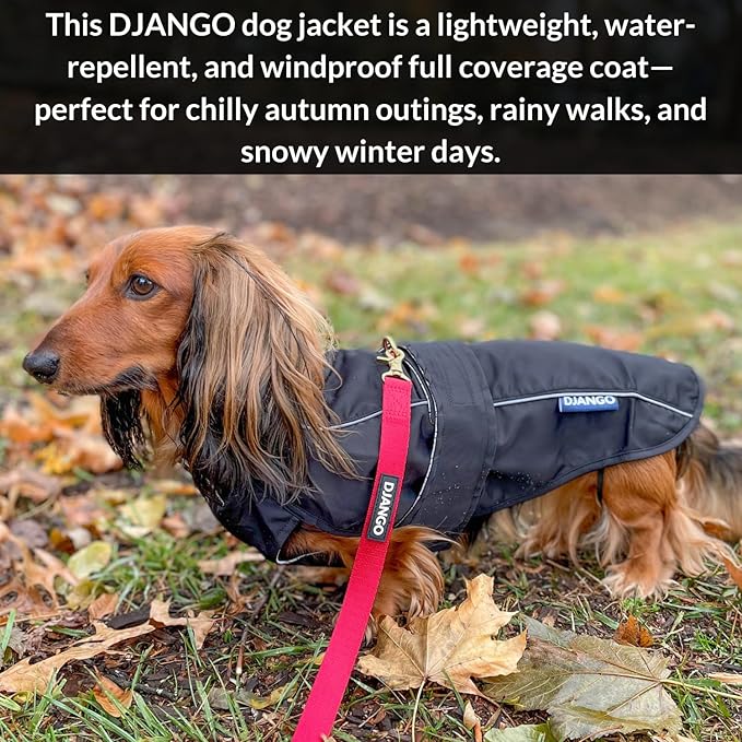 DJANGO Dog Jacket & Raincoat – Lightweight Water-Resistant Coat for Small, Medium, Long Dogs, & Dachshunds – Reflective, Adjustable Fit, Harness-Compatible & Easy-Access Harness Hole - Black, Medium