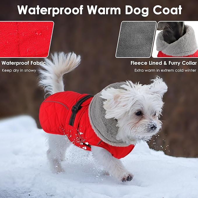 Dog Coat, Waterproof Dog Winter Jacket with Adjustable Buckle, Reflective Turtleneck Pet Snow Vest Warm Fleece Sweater for Small Medium Large Dogs - Red, 2XL