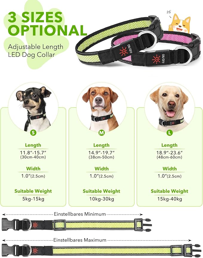 Weesiber Light Up Dog Collar - Reflective LED Dog Collar Rechargeable Glow in The Dark Pet Collar, Safety Doggie Lights for Night Walking(Green, S)
