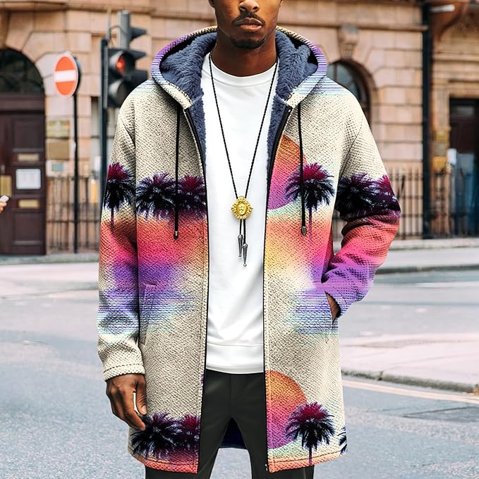 LIZALIG Long Hooded Cardigan Men Japanese Art Style Fashion Cool Graphic Coats Winter Warm Lined Fleece Jacket