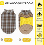 Quilted Dog Winter Coat, Plaid Lined Reversible Vest, Reflective Safety Strip, Cold Weather Pet Apparel Yellow M