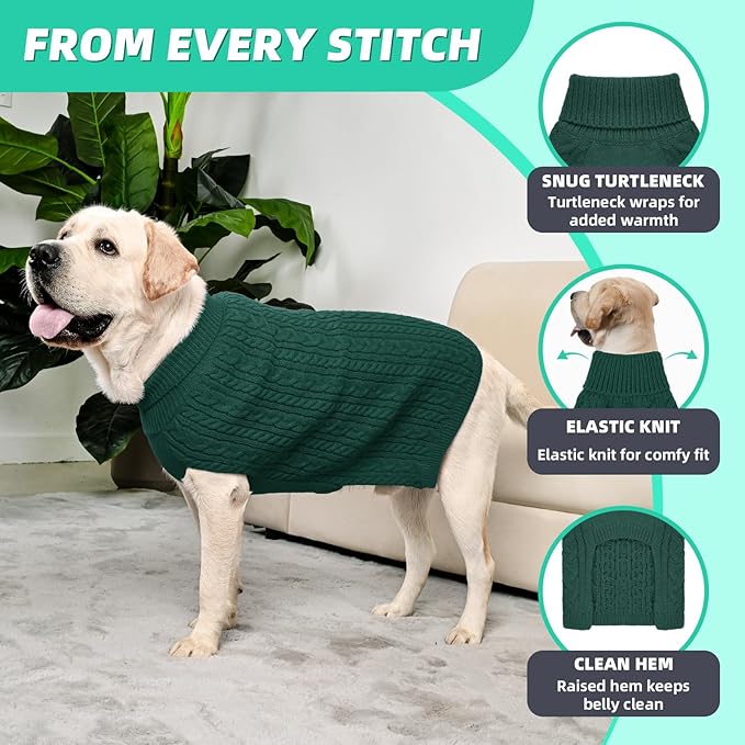 2 Pack Dog Sweaters for Big Dogs Turtleneck Pullover Cable Knit Large Size Stretch Clothes Pitbull Labrador Bulldog Doberman Boy Girl Pets Winter Clothes (XL, Green & Brown)