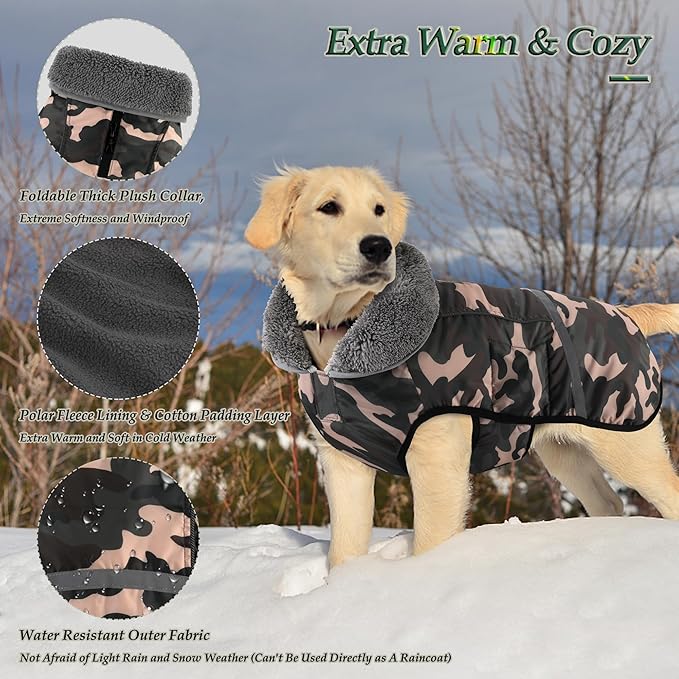 Dogcheer Warm Dog Coat, Waterproof Dog Jacket Christmas Puppy Winter Coat with Buckle, Reflective Adjustable Pet Snow Jacket Fleece Sweater for Small Medium Large Dogs - Dusty Pink Camo, L