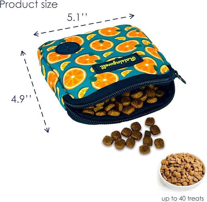 Dog Treat Pouch for Pet Walking and Training with Clicker Poop Bags Small Fanny Zipper Pack Holder for Puppy Snack Dispenser Kit for Leash and Outdoor Use (Fruit Orange)