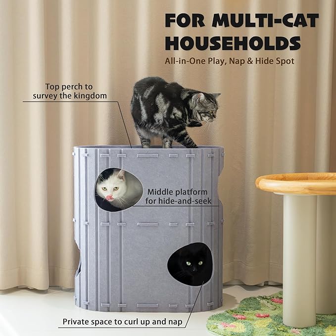 PETKARAY 2-Story Felt Cat House, Large Bed Cave for Indoor Cats, Felt Tunnel Hideaway Condo for Multi-Cat Households, 23.6x22x12 inches, Grey