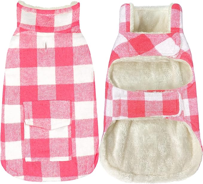 Malier Dog Winter Coat, Classic Plaid Fleece Dog Cold Weather Coats Dog Jacket with Pocket, Windprood Warm Dog Coat Vest Winter Pet Clothes Apparel for Small Medium Large Dogs (Pink, X-Large)