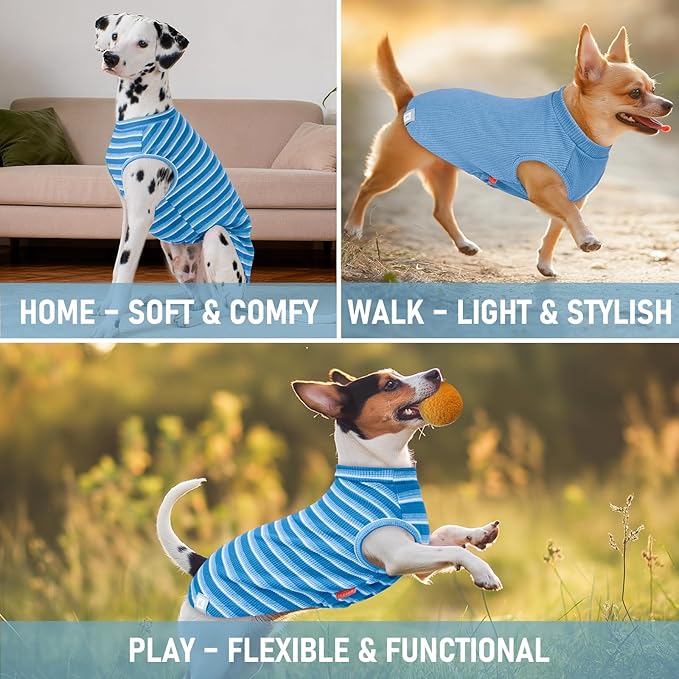 KYEESE 2Pack Waffle Dog Shirts for Small Dogs Stretchy T-Shirts Lightweight Tank Top Sleeveless Striped Vest Breathable Cat Tee, Medium, Blue+Striped