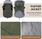 Queenmore Small Winter Dog Coat with Harness Built-in, Waterproof Winter Jackets for Small Dogs, Puppy Warm Puffer Jacket for Snow/Cold Weather - Fleece Reflective Easy On Velcro Closure, Green S