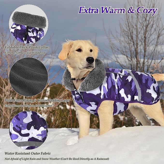 Dogcheer Warm Dog Coat, Waterproof Dog Jacket Christmas Puppy Winter Coat with Buckle, Reflective Adjustable Pet Snow Jacket Turtleneck Fleece Sweater for Small Medium Large Dogs - Camo Purple, S