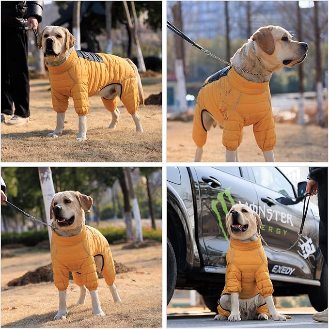 Lovelonglong Dog Coat Dog Warm Jacket, 4 Legs Covered Waterproof Windproof Reflective Warm Dog Vest, Zippered Adjustable Outdoor Dog Snow Jacket for Small Medium Large Dogs Yellow XXXL