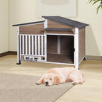 Chew-Resistant Dog House with Metal Frame, Wooden Kennel for Indoor & Outdoor Use, Waterproof Roof & Feeding Bowls Included (Brown, L)