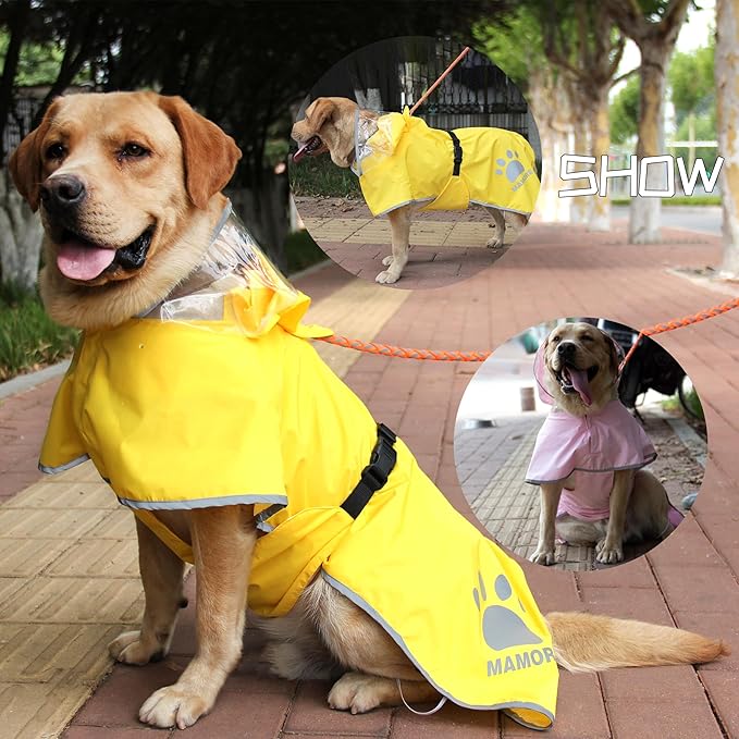 MAMORE Dog Raincoat Waterproof, Lightweight Adjustable Dog Rain Coat Hooded Poncho with Reflective Strip for Large Medium Small Dogs(Pink, Large)
