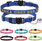Personalized Cat Collars, Embroidered with Pet Name and Phone Number, Adjustable Nylon Breakaway Safety Release Buckle ID Collar,Custom Text with Bell for Cat or Kitten,Blue