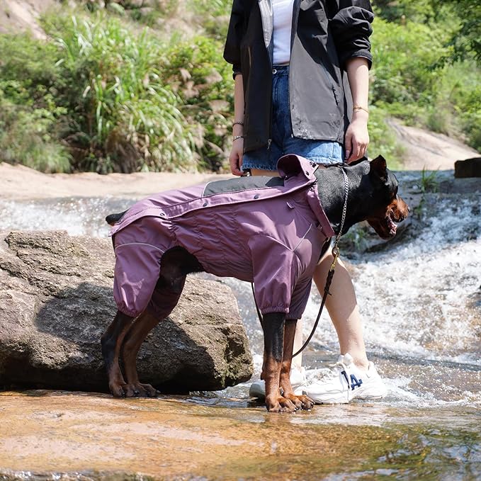 LOVELONGLONG Waterproof Dog Raincoat with Removable Hood – Outdoor Full Body Dog Jacket, Windproof Snowproof Shell Suit – All Season Pet Rain Gear Plum Purple 3XL