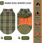 Quilted Dog Winter Coat, Plaid Lined Reversible Vest, Reflective Safety Strip, Cold Weather Pet Apparel Army Green M