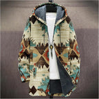 Mens Aztec Print Hoodie Heavyweight Cotton Fleece Jacket Zip Up Warm Long Sleeve Hooded Winter Midi Coat