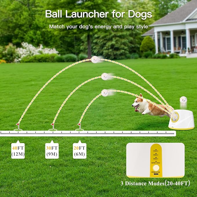 HETOO Automatic Ball Launcher for Dogs: Ball Launcher for Dogs - Automatic Tennis Ball Thrower for Dogs, with 6 Balls- Interactive Dog Toys - Small/Medium Sized Launcher- Yellow