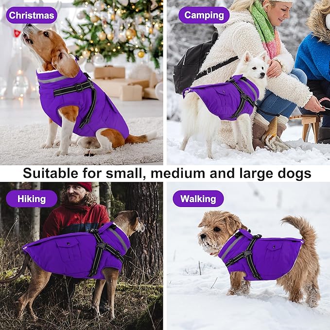 Dogcheer Dog Coat with Harness, Waterproof Warm Dog Winter Jacket with Pockets, Reflective Pet Fleece Jacket Turtleneck Snowsuit for Small Medium Large Dogs - Purple, 3XL