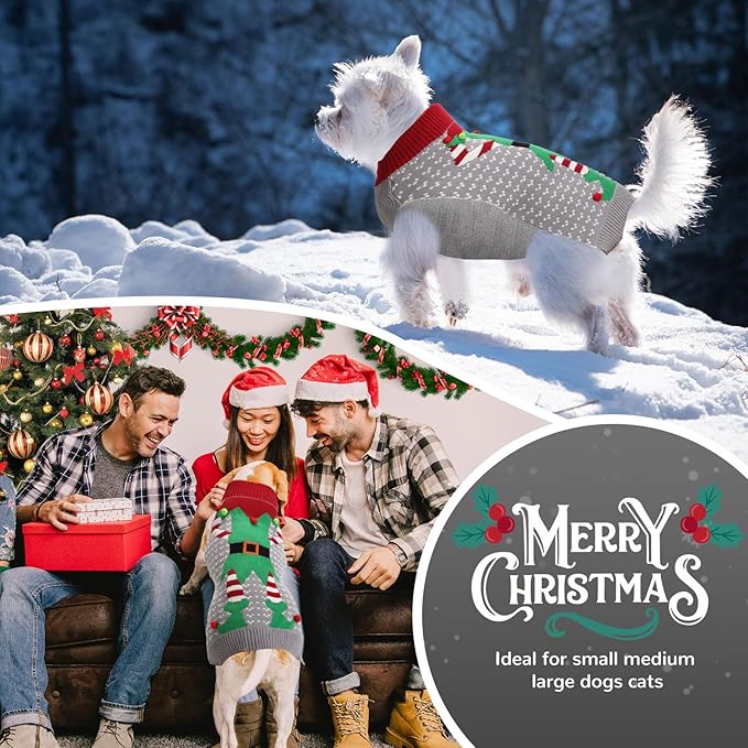PETCARE Dog Christmas Sweater Ugly Elf Clown Cat Sweater Vest Pet Jumper Grey Green Holiday Dog Clothes Puppy Sweaters for Small Medium Large Dogs Cats Fall Winter Outfits Xmas Dogs Costume,X-Small