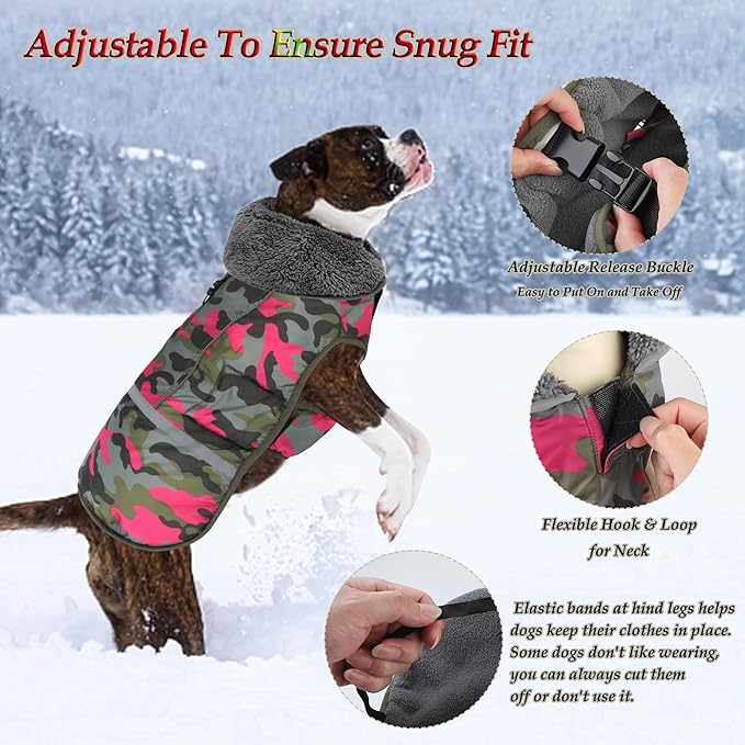 Dogcheer Warm Dog Coat, Waterproof Dog Jacket Reflective Adjustable Puppy Winter Coat with Buckle, Christmas Pet Snow Jacket Turtleneck Fleece Sweater for Small Medium Large Dogs - Camo Pink, L