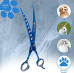 Professional Dog Grooming Scissors/Shears, Curved, with Paw Prints for Dogs, Cats & Pets (Right Handed, Blue, Stainless Steel 8 Inch)