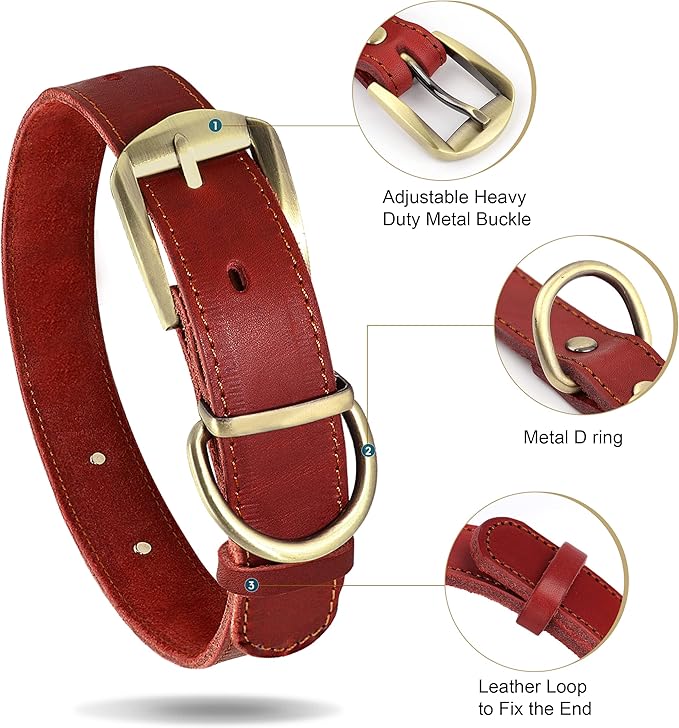 Didog Genuine Leather Dog Collars with Engraved Nameplate, Personalized Soft Leather Dog Collar with Custom ID Tag, Brown/Green/Red for Medium Large Dogs (L,Red)