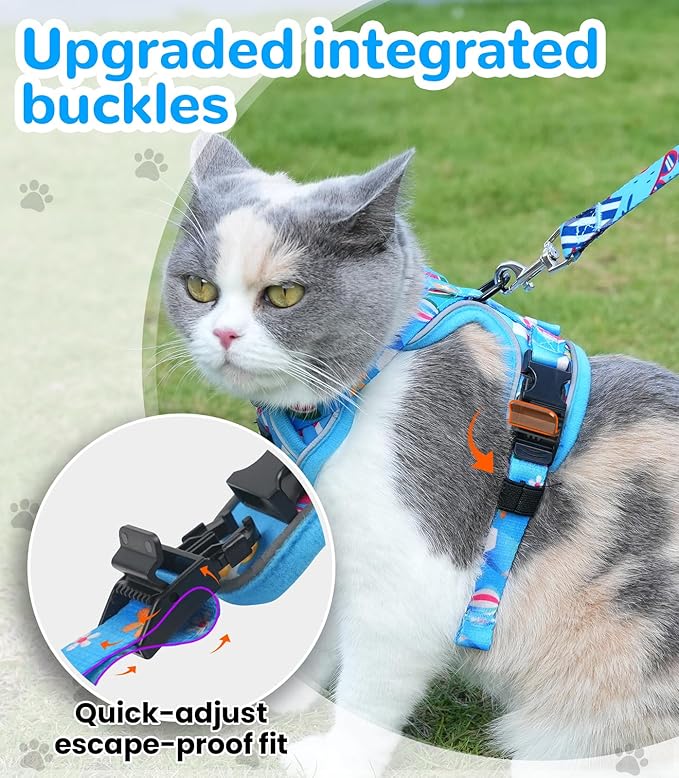 Halypet Cat Harness and Leash Set for Walking, Escape Proof Adjustable Vest Harness with 3-in-1 Integrated Buckles, Easy Control Soft Breathable Mesh with Reflective Strips for Cats, M, Ocean Blue