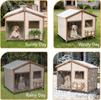Petsfit All-Season Large Wooden Dog House Outdoor for Extra Large Breeds up to 200lbs, Insulated Weatherproof Shelter with PVC Roof & Elevated Floor, Easy Assembly, 47-Inch, Off-White