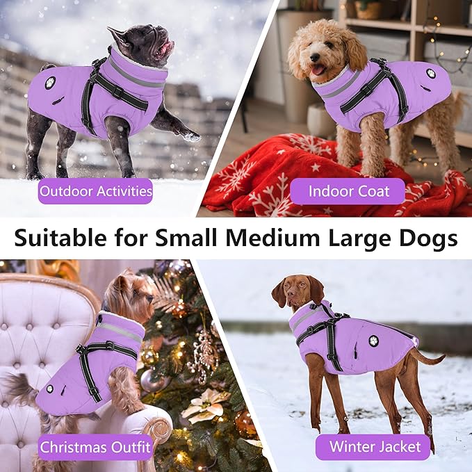 Dogcheer Dog Coat with Harness, Waterproof Dog Jacket, Reflective Puppy Winter Jacket with Pocket, Doggy Turtleneck Fleece Vest for Small Medium Large Dogs - Taro Purple, 2XL