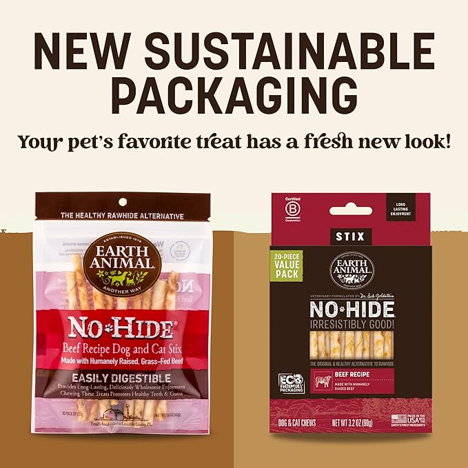 Earth Animal No Hide Stix - Long Lasting Rawhide Free Small Dog Chews Sticks, Beef - 40 Count Extra Value Pack