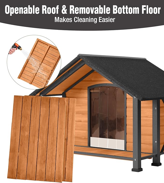 Insulated Dog House, Outdoor Dog House for Winter, Weatherproof Wooden Dog Kennel with Porch, Iron Frame, Openable Roof & Removable Floor