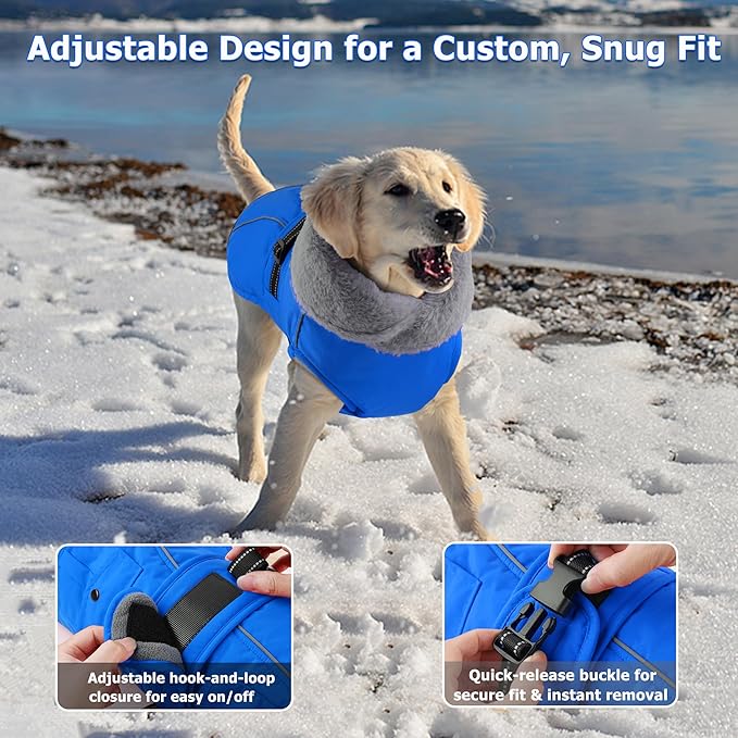 Dogcheer Dog Coat with Pocket, Waterproof Dog Jacket with Adjustable Buckle, Reflective Puppy Winter Coat Warm Turtleneck Fleece SnowJacket for Small Medium Large Dogs - Blue XL