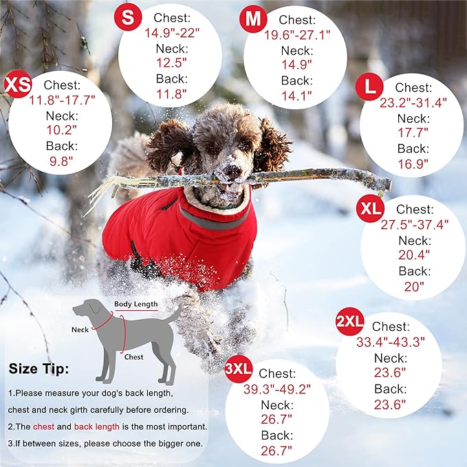 Dogcheer Dog Coat with Harness, Waterproof Dog Jacket Adjustable Pet Winter Coat with Zipper, Christmas Puppy Snow Jacket Fleece Sweater for Small Medium Large Dogs - Red L