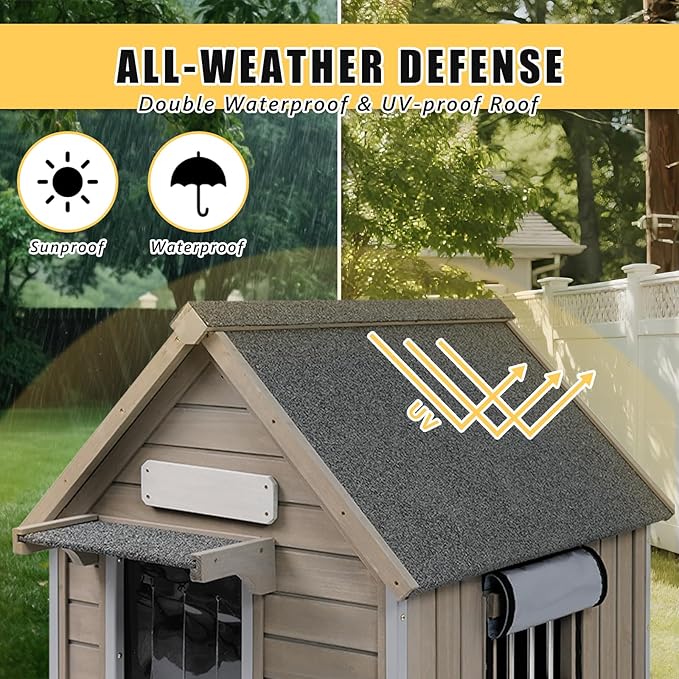 Small Dog House Indoor, Wooden Outdoor Dog House with Waterproof Roof, Chew-Proof Iron Frame, Doghouse Kennel Puppy Shelter for Small Medium Dogs, 26''x34.6''x32''