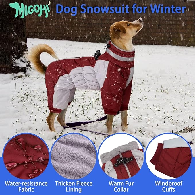 MIGOHI Full Body Dog Coat - Warm Reflective Large Dog Winter Coat with Harness,Turtleneck Fleece Jacket for Dogs,Four-Leg Windproof Puffer Jackets Snowsuit with Zipper for Small Medium Large Dogs,2XL
