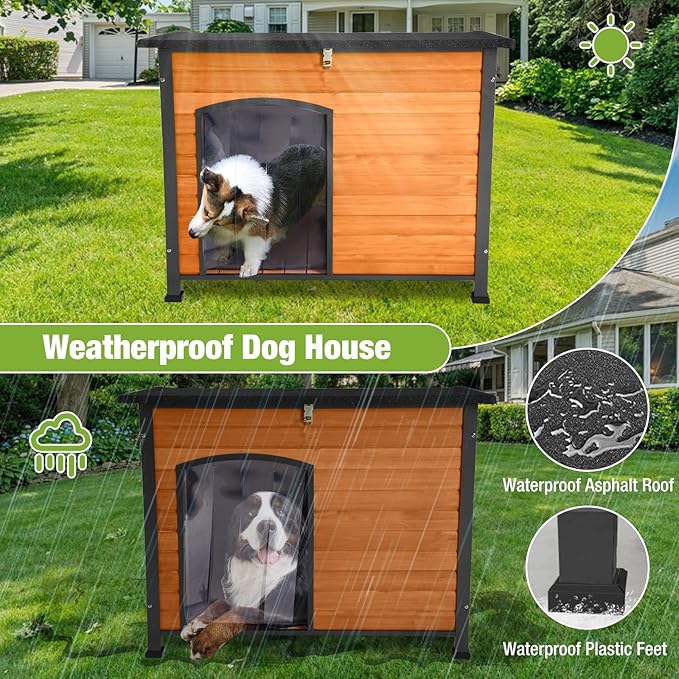 GUTINNEEN Outdoor Dog House with Insulated Liner,Durable Waterproof Puppy Shelter for Small & Medium & Large Dogs,Indoor Wooden Dog Kennel for Winter,Cozy Design(Brown)