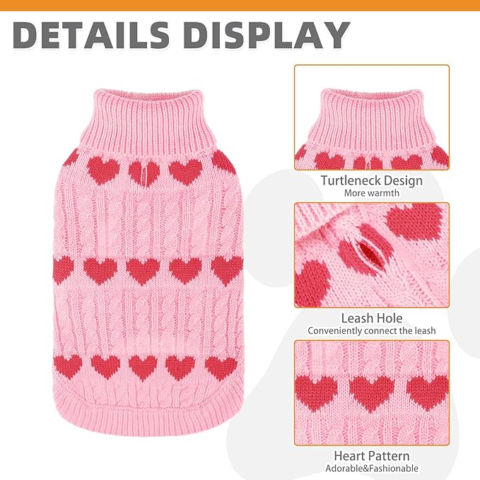 KOOLTAIL Cable Knit Dog Sweater Turtleneck, Cold Weather Pullover Classic Knitwear, Snowflake Pattern Thick Warm Winter Pet Clothes,Dog Christmas Sweater for Small Medium Large Dogs,Pink Heart S