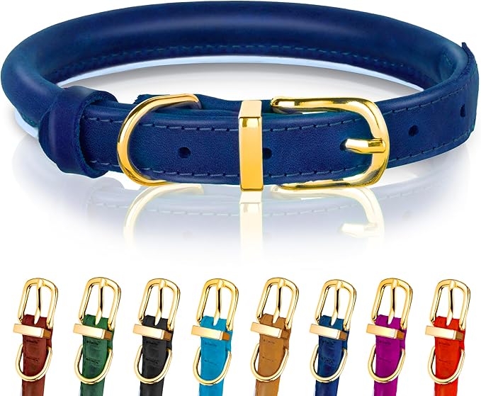 OOPSDOGGY Reflective Rolled Leather Dog Collar Adjustable Soft Padded Pet Collar for Small Medium Large Breed Dogs (Blue, L, 14"-18")